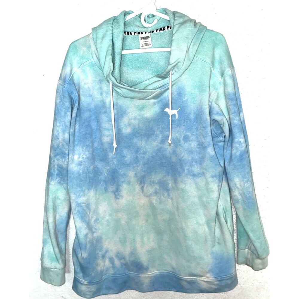 Victoria's Secret PINK Hoodie Pullover Sweatshirt Womens L  Blue Tie Dye Fleece